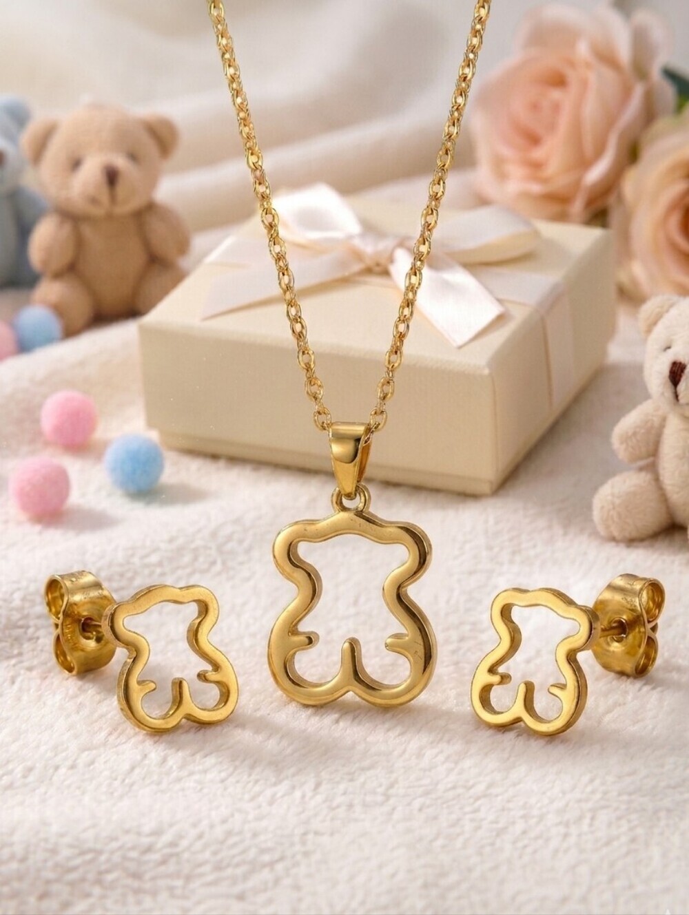 18K Gold Plated SS Bear Pendant Necklace and Stud Earrings Set Coquette Y2K